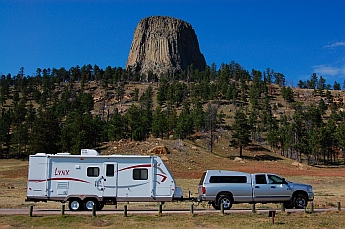Devil's Tower, Wyoming, behind our Lynx travel trailer.