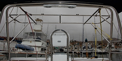Boat solar installation with solar panel arch.