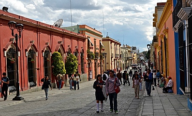 Charming historic buildings on the cobbled pedestrian street in Oaxaca, Mexico
