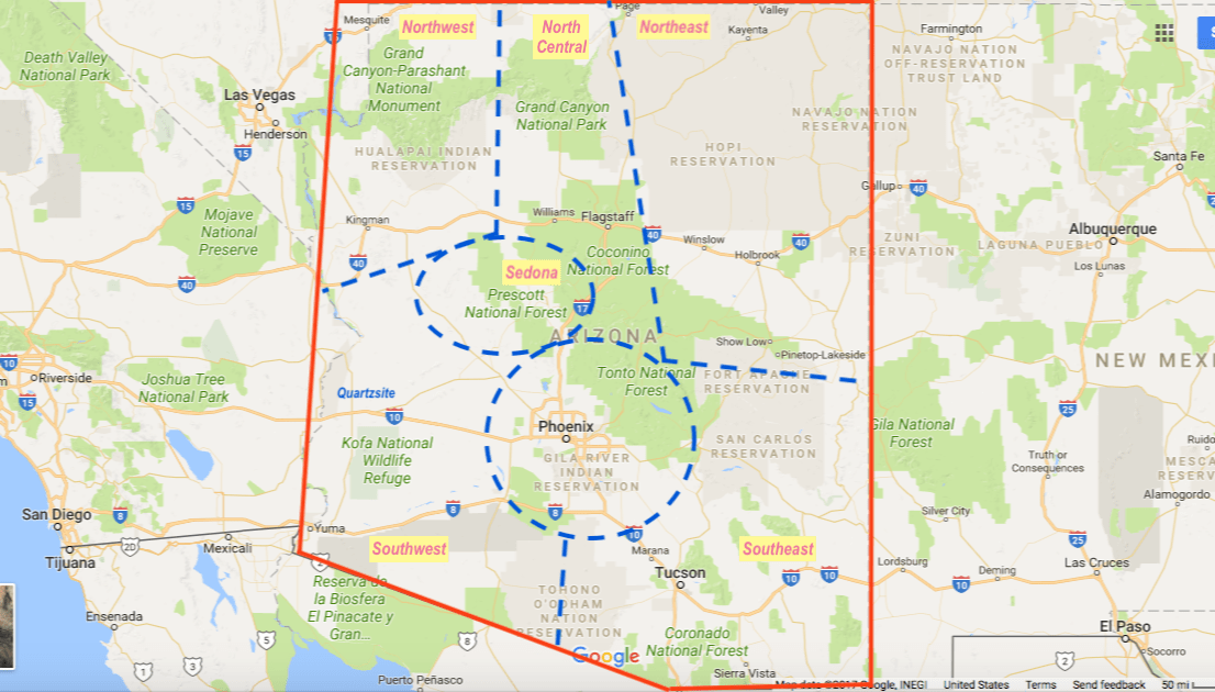 Map of Arizona for RV trip travel planning and RVers
