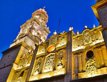 Morelia Mexico cathedral at night living aboard blog