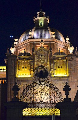 Morelia Mexico cathedral entrance at night living aboard blog