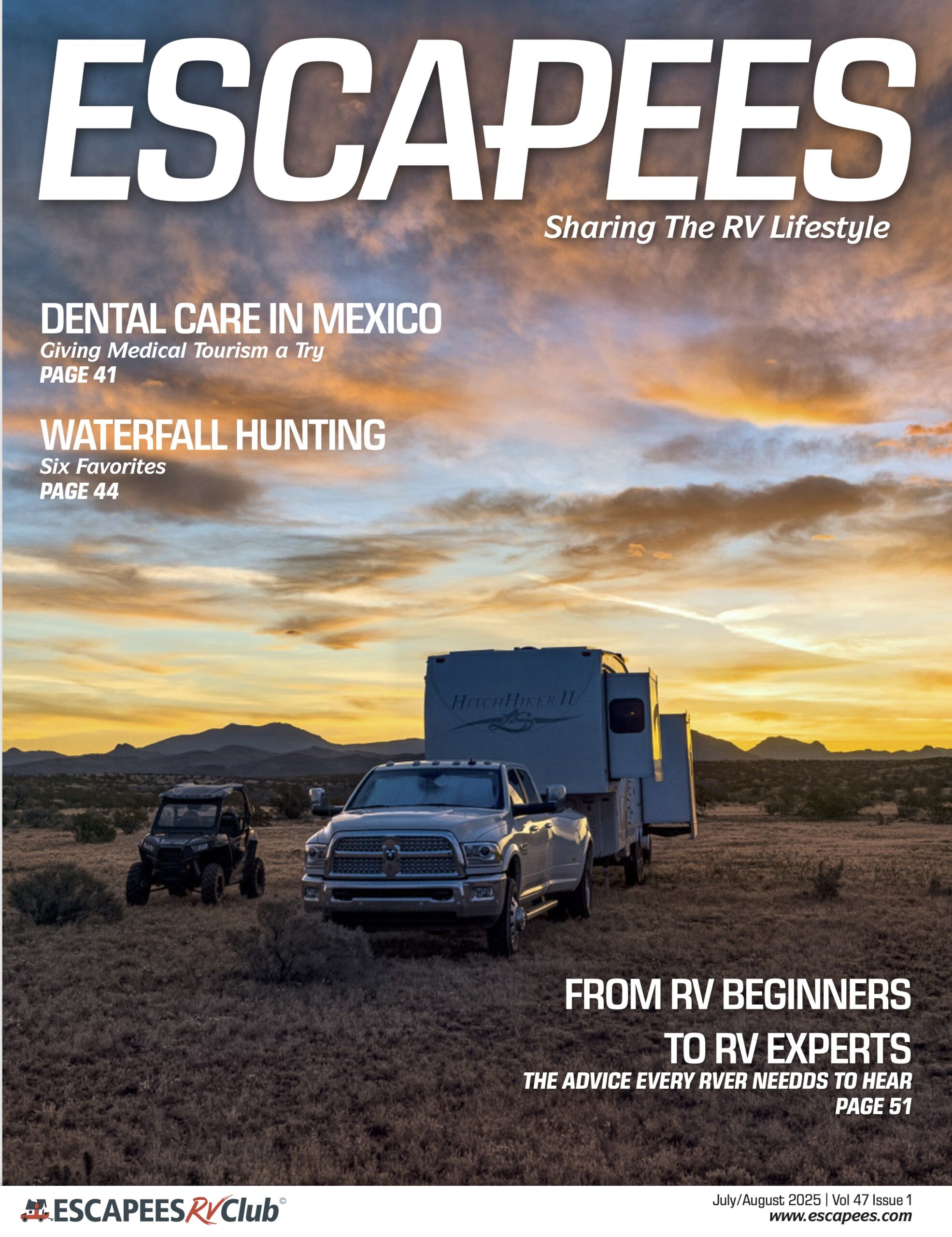 Escapees Magazine cover by Emily Fagan July/Aug 202525 RV with a Polaris RZR side-by-side