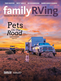 Family RVing Magazine Cover by Emily Fagan RV with puppy Nov/Dec 2025