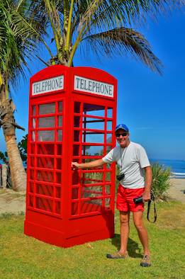 English phone booth on the beach