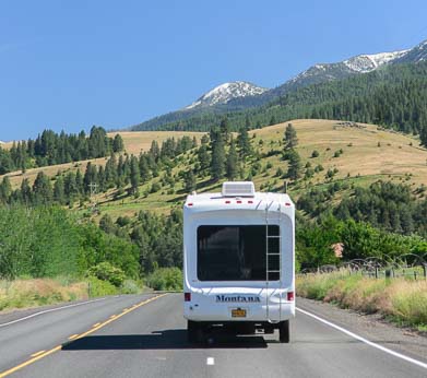Fifth wheel trailer on the road to Joseph Oregon