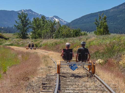 Biking on the railroad with mountain views
