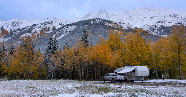 Fifth wheel trailer in the snow in the San Juan Mountains of Colorado