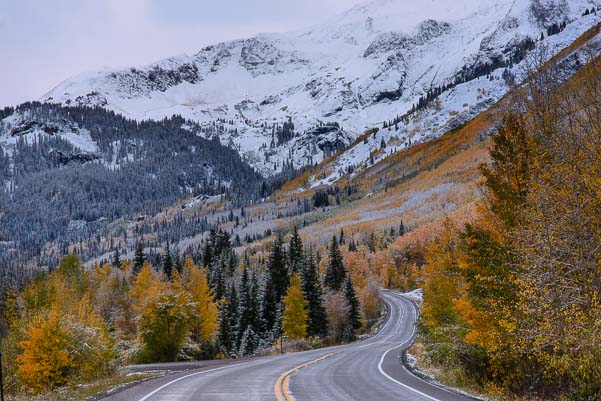 Million Dollar Highway Route 550 with snow Colorado