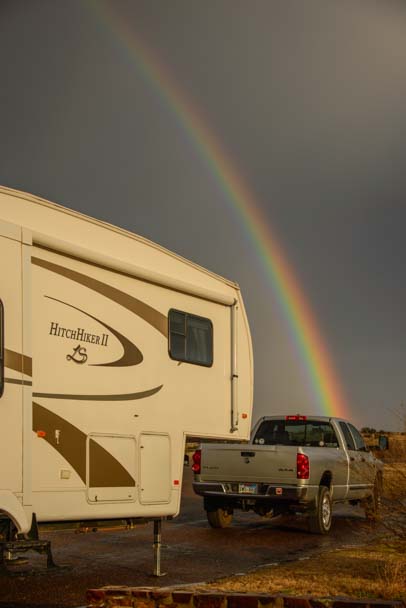 Rainbow over our fifth wheel trailer RV in Alpine Texas