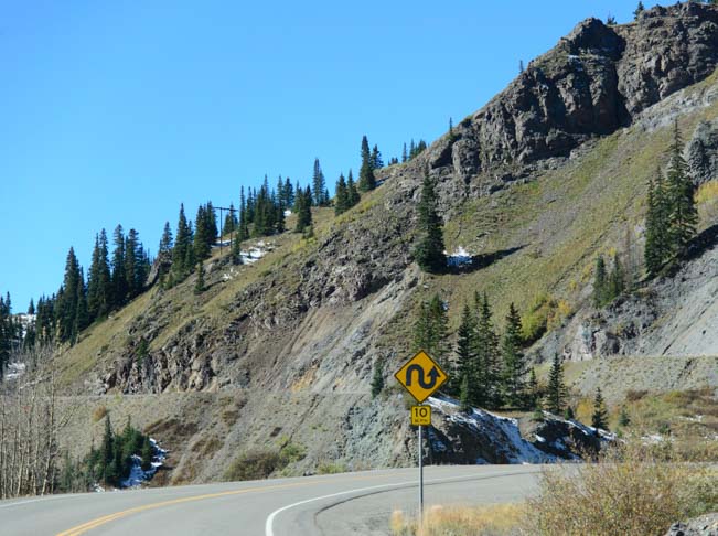 Steep 10 mph switchback on Red Mountain Pass on Route 550 the Million Dollar Highway between Ouray and Silverton Colorado