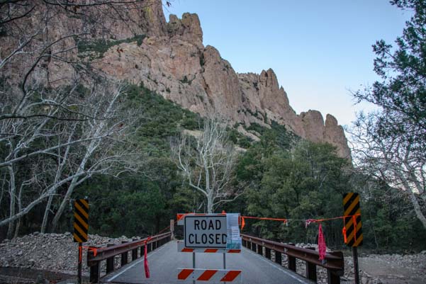 Road Closed sign leading to Sunny Flat Campground Chiricahua Mountains Arizona