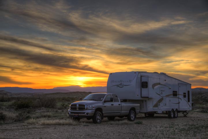 RV at sunset in Texas outside Big Bend National Park