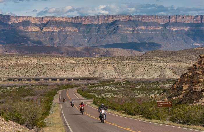 Big Bend National Park and Sierra del Carmen mountains in Texas with motorcycles