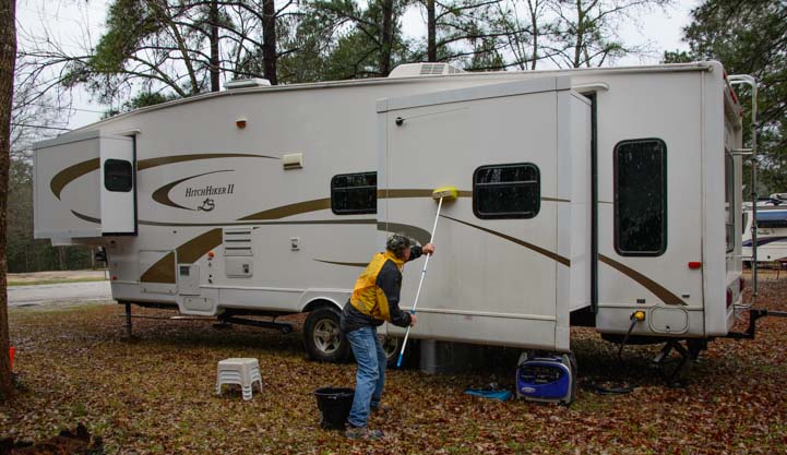 Washing our RV in the rain