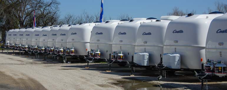 Casita Travel Trailers lined up at the factory