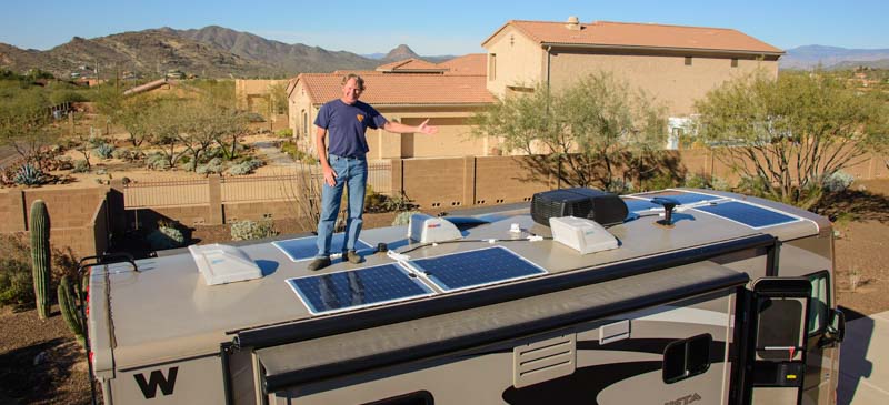 Flexible solar panels installed on a motorhome RV roof