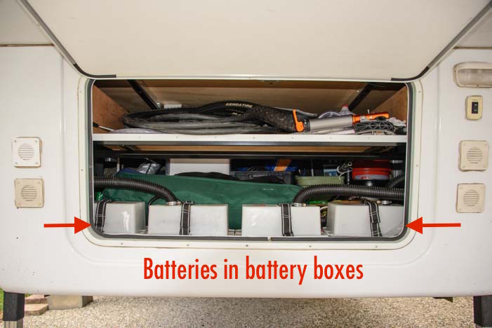 Fifth wheel RV battery boxes in basement