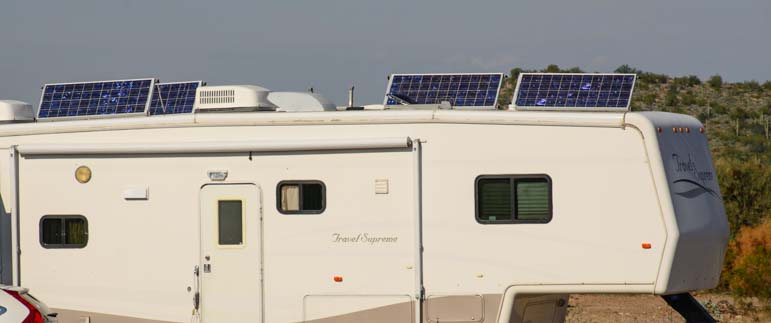 Solar panels on a fifth wheel RV roof