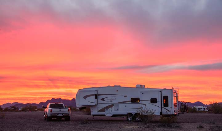 RV sunset Quartzsite Arizona BLM land