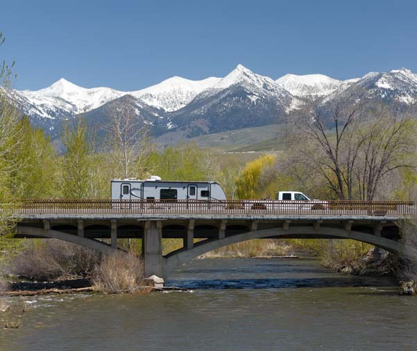 RV travel trailer on bridge Salmon Idaho