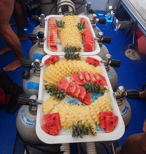 Fruit snack aboard Dive and Relax snorkel tour boat Ko Lanta Thailand