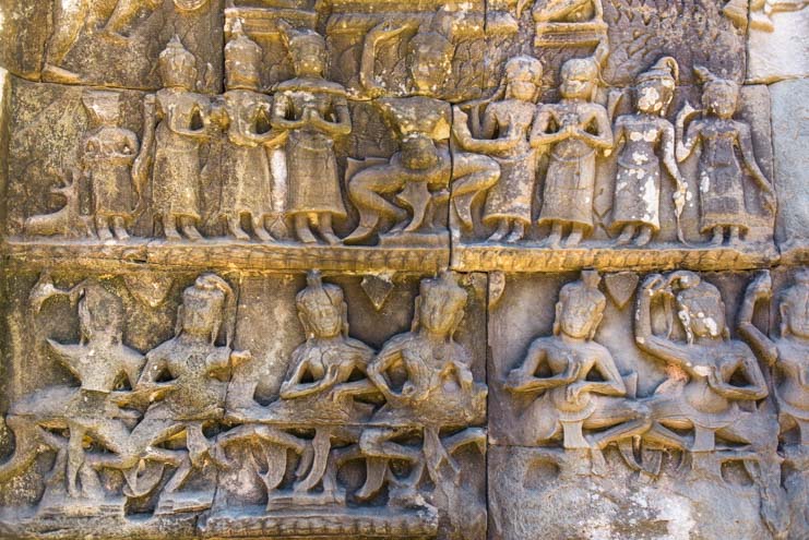 Dancers stone carvings Ta Prohm temple Siem Reap Angkor Cambodia