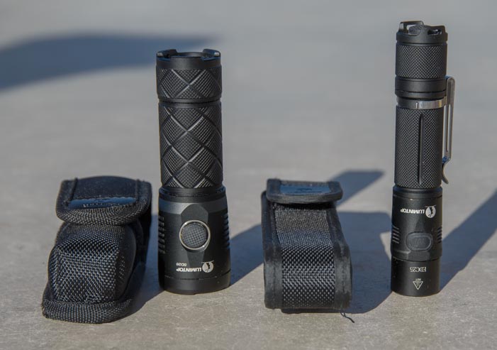 Lumintop EDC25 flashlight and Lumintop SD26 flashlight with belt holsters