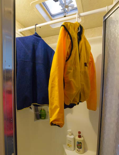 Wet jackets hanging in RV shower
