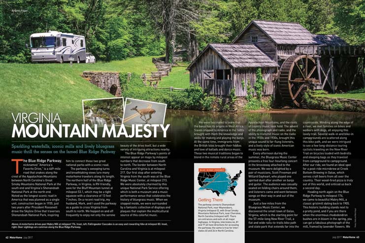 Virginia Mountain Majesty article by Emily and Mark Fagan in Motorhome Magazine July 2017