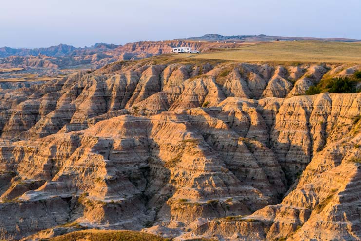 RV camping in the South Dakota Badlands at sunset