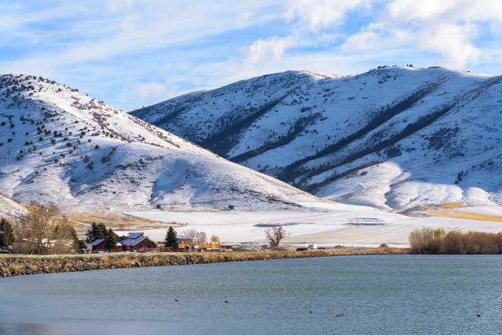 Snowcapped mountains Mantua Reservoir RV trip in Utah-min