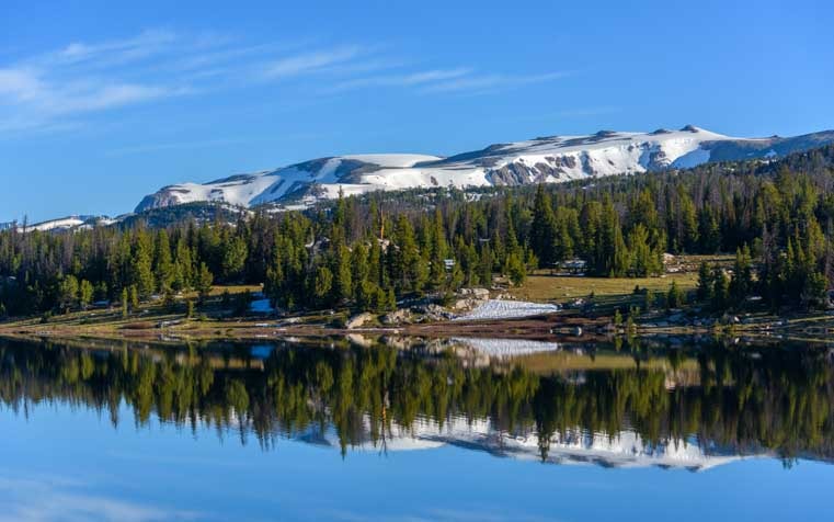 Reflections at Beartooth Lake on Beartooth Highway scenic drive by RV in Wyoming-min