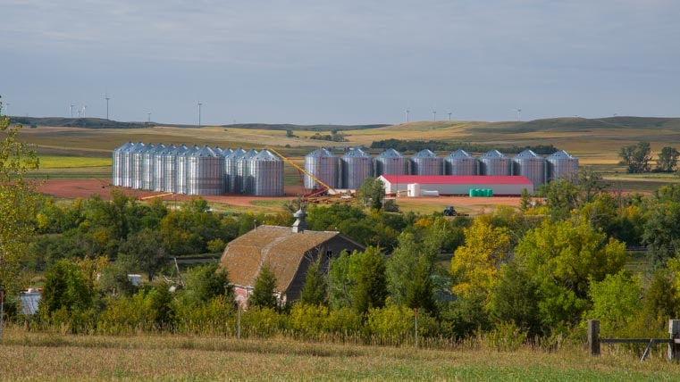 Grain silos and wind farm in North Dakota-min