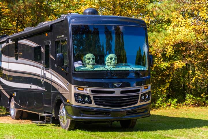 Skulls in motorhome on halloween in a campground-min