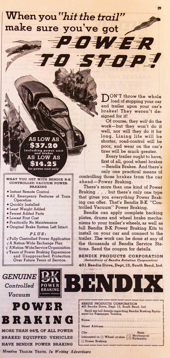 Bendix Trailer Brakes Ad Foreman Trailer Axles Ad 1937 Trailer Travel Magazine RV-MH Hall of Fame and Museum Elkhart IN-min