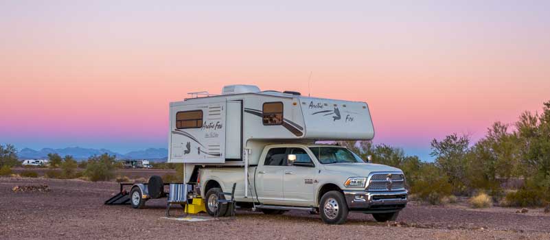 Quartzsite Arizona truck camper at sunset