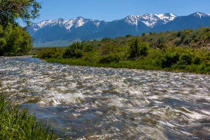 Rushing water in an Idaho creek with mountains