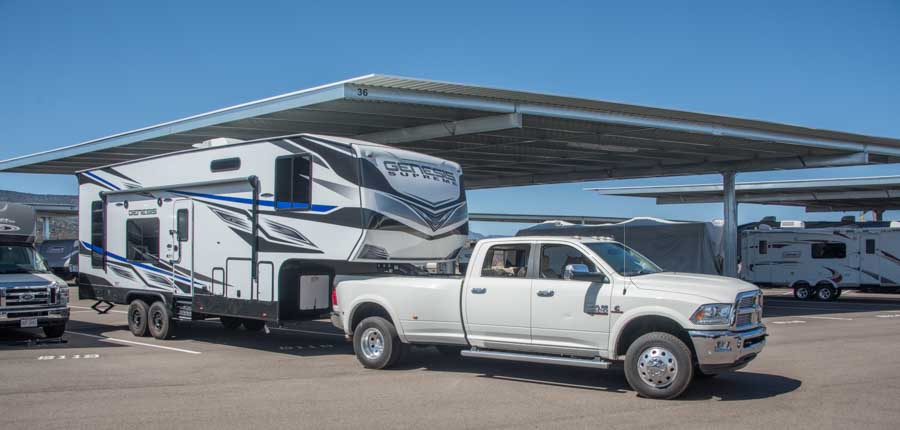 Genesis Supreme 28CRT Toy Hauler Fifth Wheel towed using a Demco 21K Recon Fifth Wheel Hitch