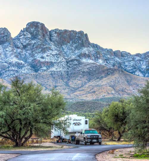 Snow in the mountains at Catalina State Park Campground