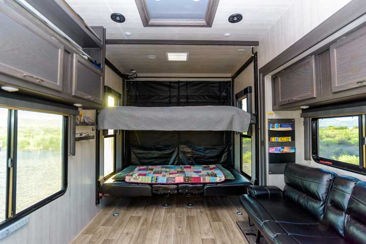 Happijac bunk beds in the rear of a toy hauler RV