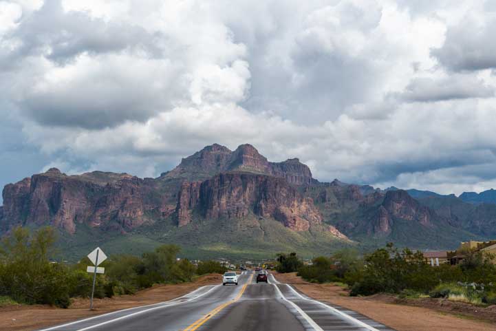 Storm clouds over the Superstition Mountains in Apache Junction Arizona