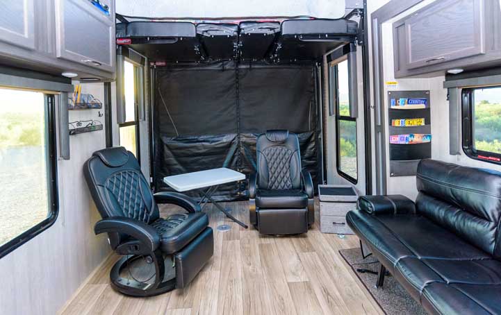 Genesis Supreme 28CRT toy hauler alternative chair layout ramp door closed