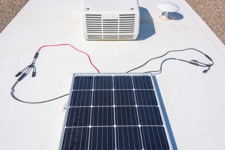 RV solar panel MC4 connector wiring on an RV roof