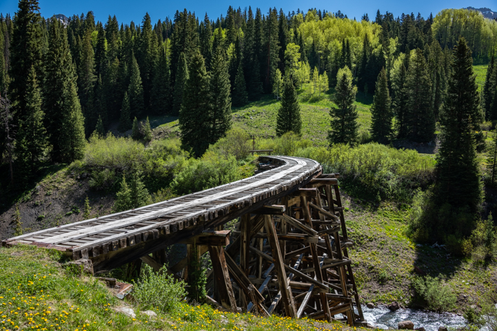 Steam train trestle bridge at Trout Lake in the Colorado Rocky Mountains