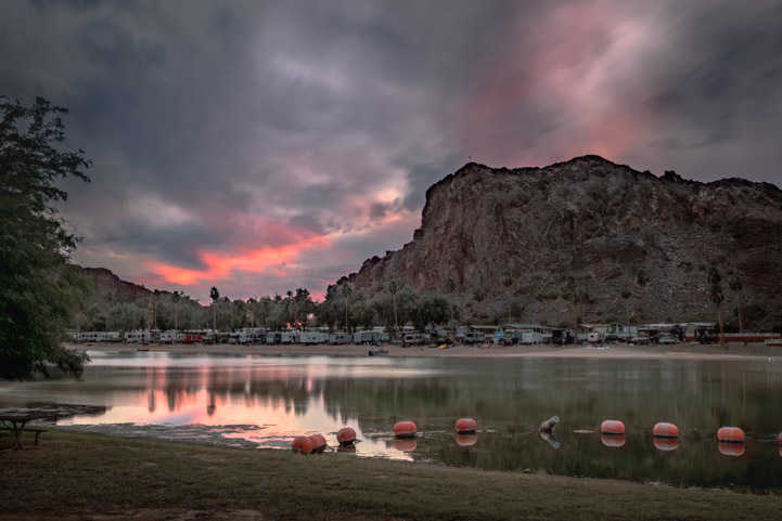 Stormy sunset view from Lightning Trail at Buckskin Mountain State Park in Parker Arizona
