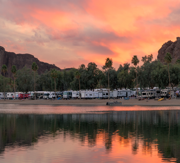 Buckskin Mountain State Park view across the Colorado River at sunset