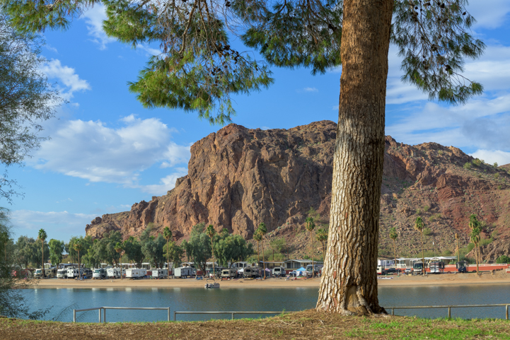 View of RV park across the Colorado River from Buckskin Mountain State Park in Arizona