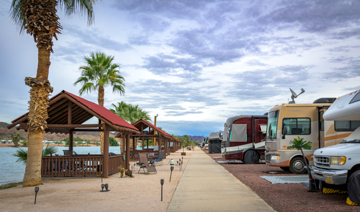 Pirate's Den RV park and beach ramadas in Parker Arizona