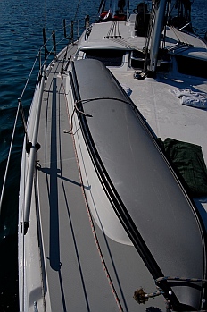 Porta-bote rests on foredeck of a 44' Hunter 44DS sailboat